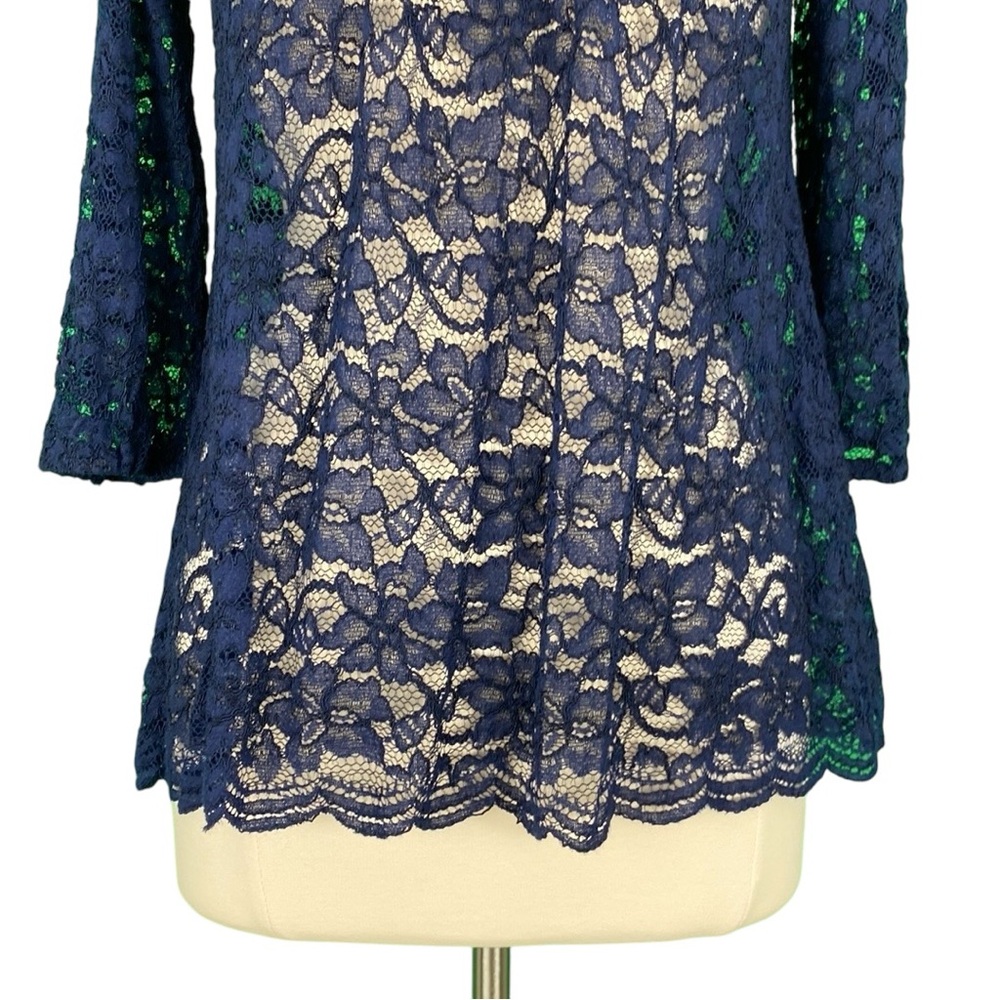 Diane Von Furstenberg DVF Elisabetta Navy Blue Sheer Floral Lace Dressy Blouse - Picture 3 of 16
